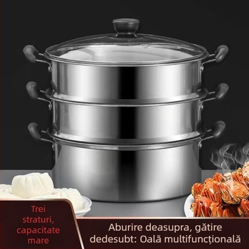 Oală pentru aburi din oțel inoxidabil, cu două sau trei niveluri, capacitate mare pentru supe și tocăni, pentru uz casnic și comercial, compatibilă cu plitele cu inducție și gaz.