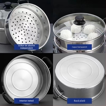 Oală pentru aburi din oțel inoxidabil, cu două sau trei niveluri, capacitate mare pentru supe și tocăni, pentru uz casnic și comercial, compatibilă cu plitele cu inducție și gaz.
