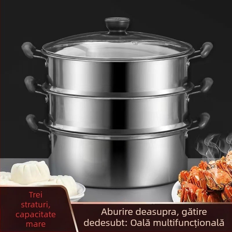Oală pentru aburi din oțel inoxidabil, cu două sau trei niveluri, capacitate mare pentru supe și tocăni, pentru uz casnic și comercial, compatibilă cu plitele cu inducție și gaz.