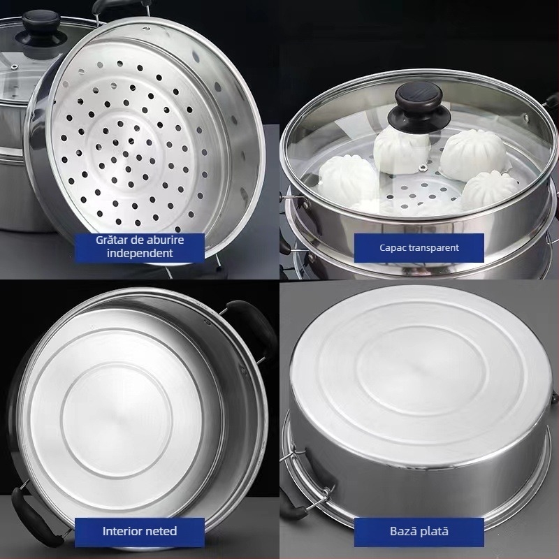 Oală pentru aburi din oțel inoxidabil, cu două sau trei niveluri, capacitate mare pentru supe și tocăni, pentru uz casnic și comercial, compatibilă cu plitele cu inducție și gaz.