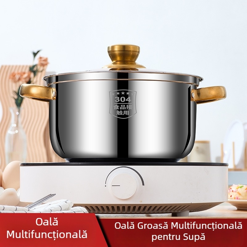 Oală de supă cu utilizare multiplă, mânere aurii, 20 cm, oală pentru lapte, compatibilă cu plite cu inducție și gaz