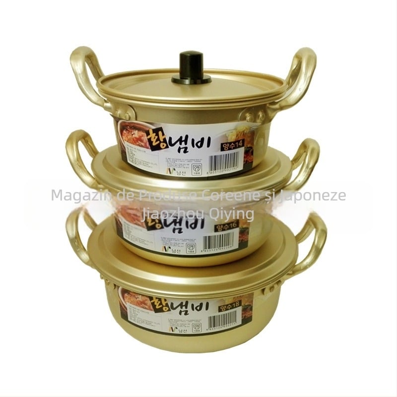 Oală pentru ramen în stil coreean, din aluminiu galben, pentru aburi, capacitate sub 1 litru, capac din aluminiu, compatibilă cu plita cu gaz.