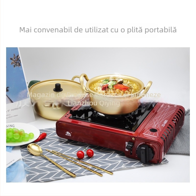 Oală pentru ramen în stil coreean, din aluminiu galben, pentru aburi, capacitate sub 1 litru, capac din aluminiu, compatibilă cu plita cu gaz.