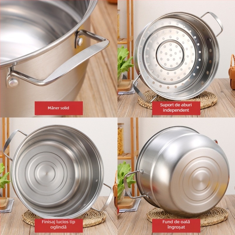 Aburitor din oțel inoxidabil, trei niveluri, pentru uz casnic, din oțel alimentar, capacitate mare, construcție îngroșată, pentru gătit la abur pește