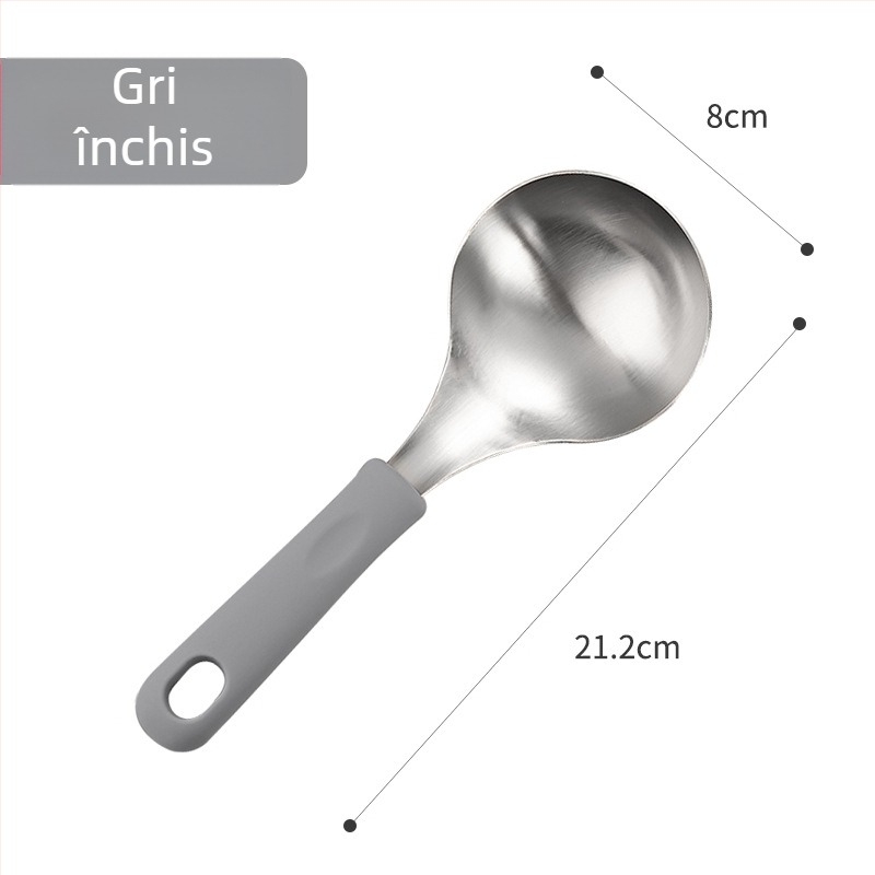 Lingură de supă din oțel inoxidabil 304, mâner din silicon, anti-arzire, pentru servirea supei și piureului, cap îngroșat, calitate alimentară