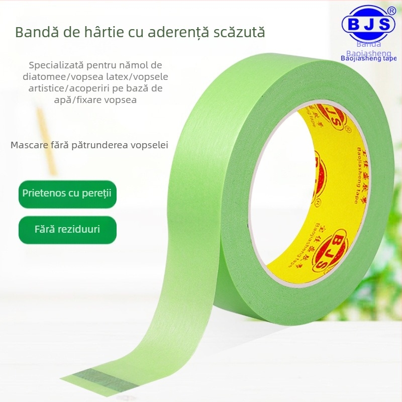 Bandă verde de mascare pentru pereți, cu aderență redusă, fără urme, desprindere manuală, din hârtie japoneză, potrivită pentru vopsea latex și separarea culorilor
