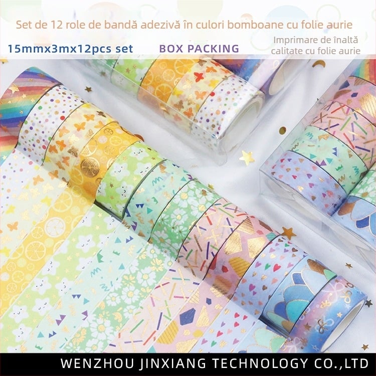 Set de bandă Washi pentru planner DIY – 12 rolete, culori de bomboane cu folie de aur