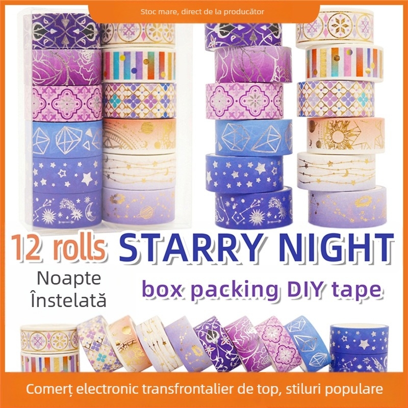 Bandă Washi cu folie de aur, cer înstelat – decor DIY pentru jurnal