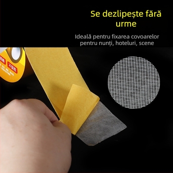 Bandă dublu-adezivă, cu bază textilă și model în plasă, aderentă puternic, fără urme la demontare, pentru îmbinarea covoarelor și fixarea pe pereți, topită la cald, cu viscozitate înaltă.