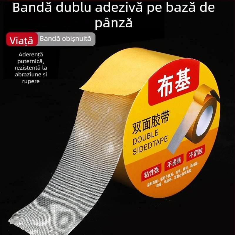 Bandă dublu-adezivă, cu bază textilă și model în plasă, aderentă puternic, fără urme la demontare, pentru îmbinarea covoarelor și fixarea pe pereți, topită la cald, cu viscozitate înaltă.