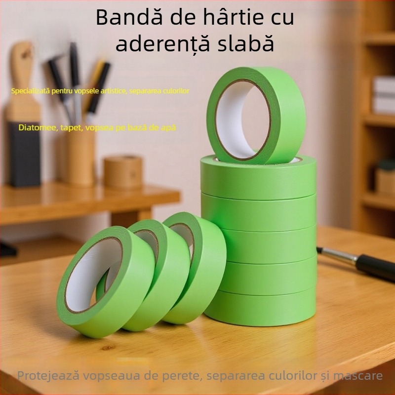 Bandă din hârtie japoneză cu aderență ușoară pentru separarea culorilor, destinată artei cu diatomită și vopsea pe bază de latex, protejează pereții
