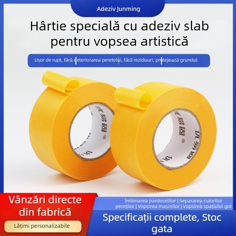 Bandă de mascare pentru pereți din hârtie Washi, aderență scăzută, fără urme, delicată cu suprafețele, pentru vopsea latex și finisaj piatră