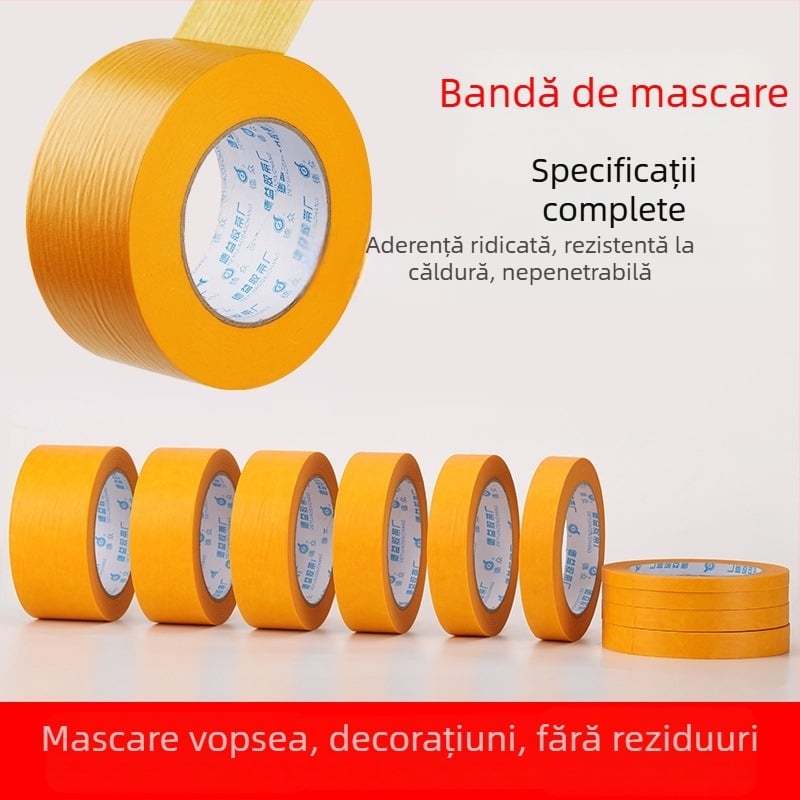 Hârtie de mascare pentru vopsire și bandă de hârtie, rezistentă la temperaturi înalte, galbenă, aderență ridicată, îmbinări decorative, lungime 28 m