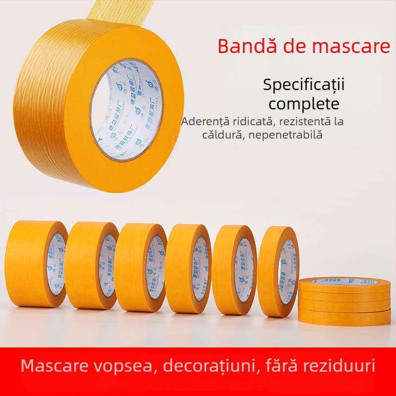 Hârtie de mascare pentru vopsire și bandă de hârtie, rezistentă la temperaturi înalte, galbenă, aderență ridicată, îmbinări decorative, lungime 28 m