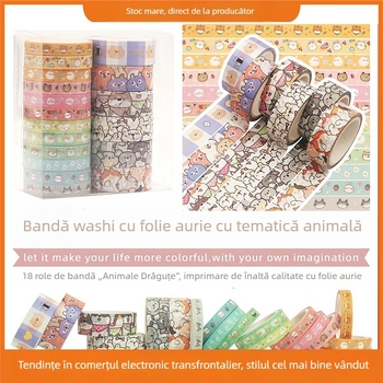 Bandă washi cu animale drăguțe, folie aurie, bandă decorativă pentru jurnal, lungime 5 m, lățimi 7,5 mm și 15 mm