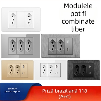 Priză de perete cu USB Type-C, 3 pini, standard brazilian, 10A, panou gri
