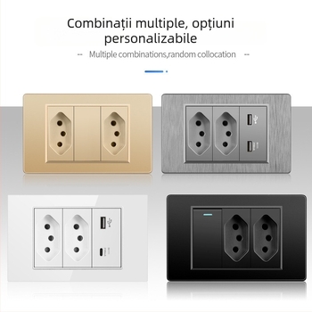 Priză de perete cu USB Type-C, 3 pini, standard brazilian, 10A, panou gri