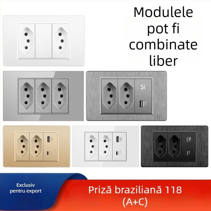 Priză de perete cu USB Type-C, 3 pini, standard brazilian, 10A, panou gri
