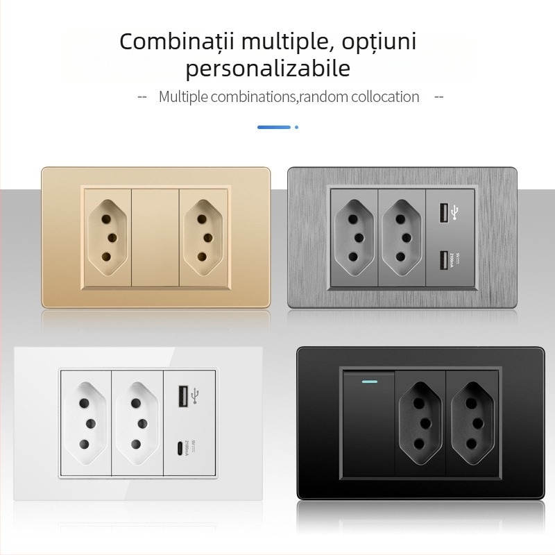 Priză de perete cu USB Type-C, 3 pini, standard brazilian, 10A, panou gri