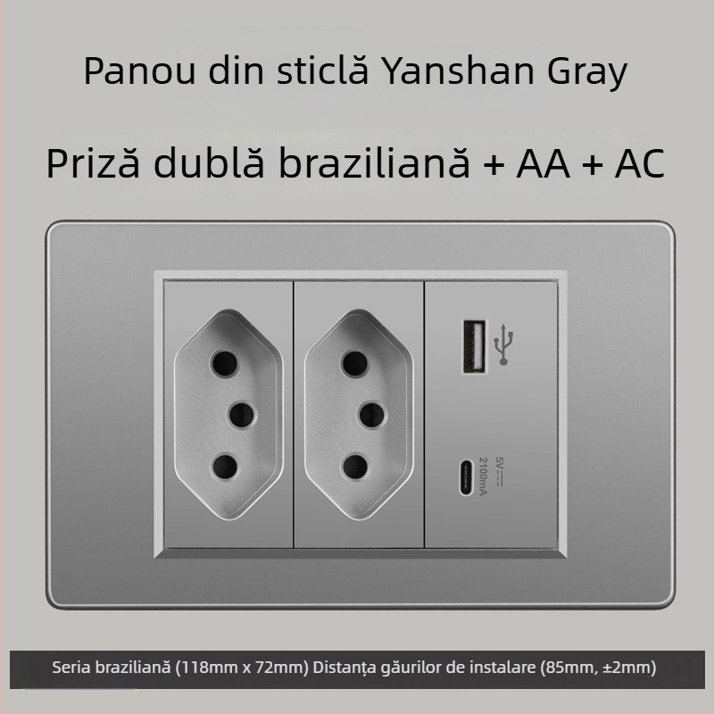Priză de perete cu USB Type-C, 3 pini, standard brazilian, 10A, panou gri