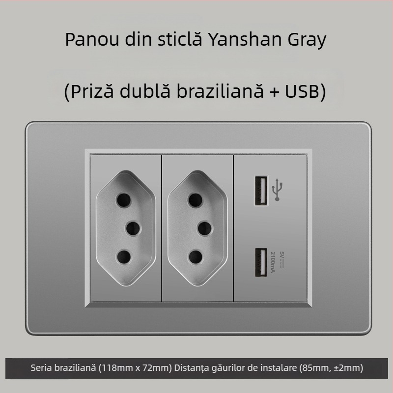 Priză de perete cu USB Type-C, 3 pini, standard brazilian, 10A, panou gri