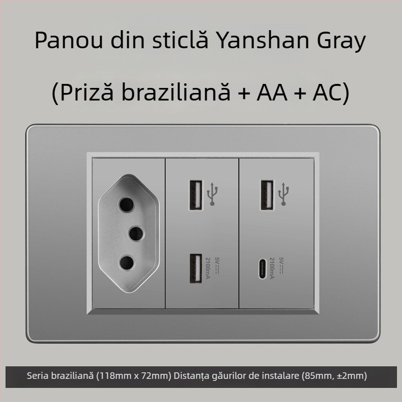 Priză de perete cu USB Type-C, 3 pini, standard brazilian, 10A, panou gri