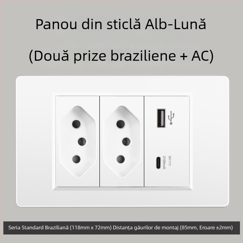 Priză de perete cu USB Type-C, 3 pini, standard brazilian, 10A, panou gri