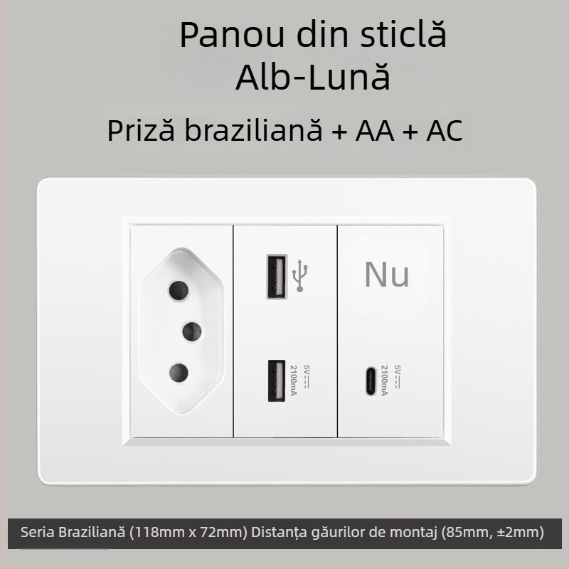 Priză de perete cu USB Type-C, 3 pini, standard brazilian, 10A, panou gri