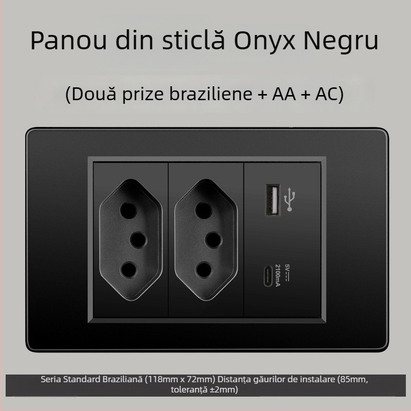 Priză de perete cu USB Type-C, 3 pini, standard brazilian, 10A, panou gri