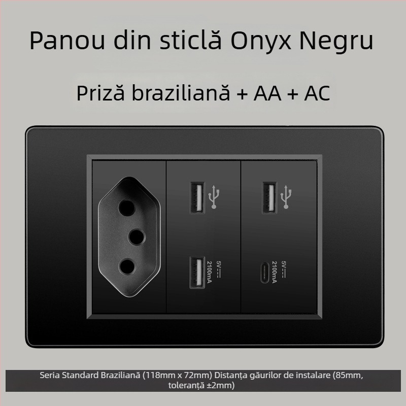 Priză de perete cu USB Type-C, 3 pini, standard brazilian, 10A, panou gri