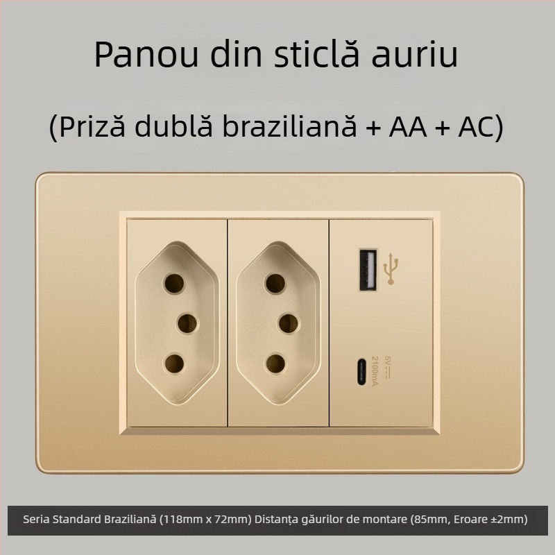 Priză de perete cu USB Type-C, 3 pini, standard brazilian, 10A, panou gri