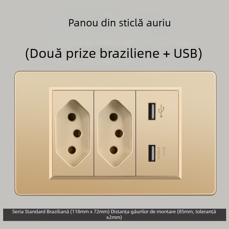 Priză de perete cu USB Type-C, 3 pini, standard brazilian, 10A, panou gri