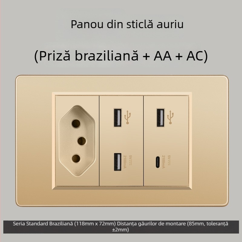 Priză de perete cu USB Type-C, 3 pini, standard brazilian, 10A, panou gri