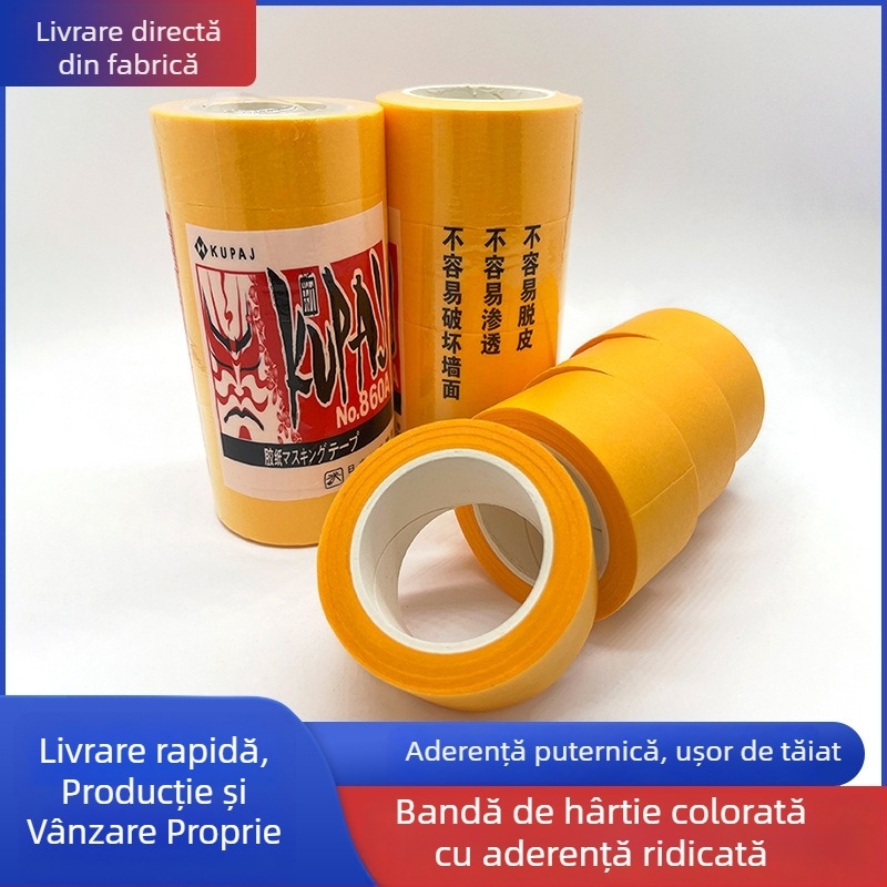 Bandă de mască galbenă pentru vopsire, pe bază de hârtie, cu aderență înaltă și rupere ușoară, pentru DIY separare culori și marcarea liniilor în decor interior, lățime 1,8 cm, 12 m lungime, 70 role în cutie
