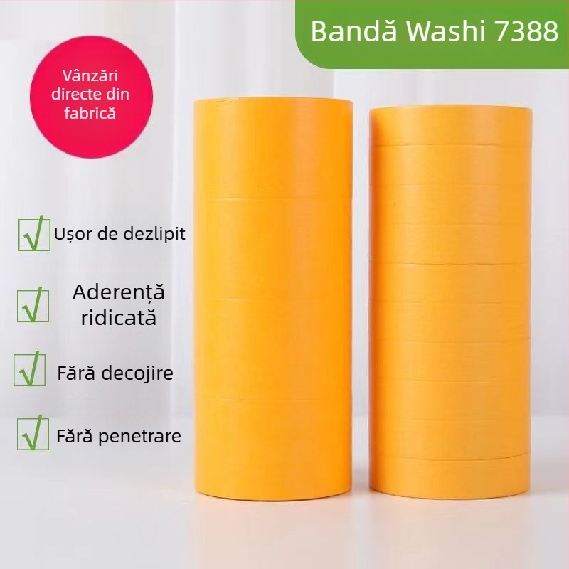 Bandă washi galbenă, cu aderență ridicată, pentru separarea culorilor și hârtie de mascare, 50 m, protecție pereți cortină și vopsire podea epoxidică