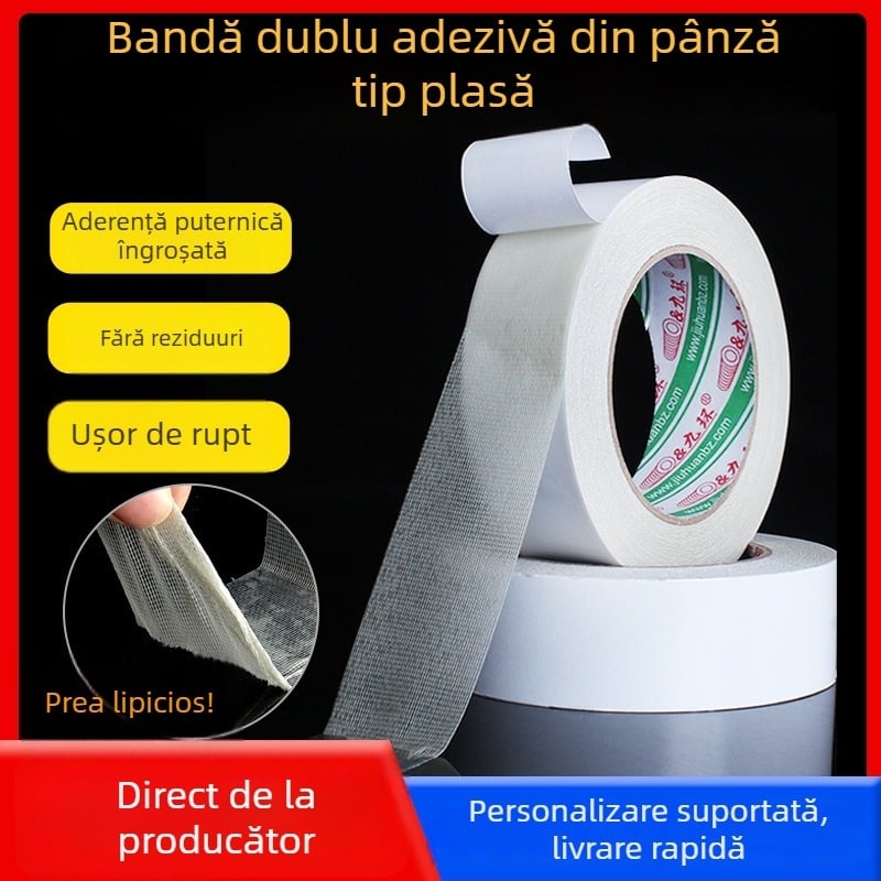 Bandă dublu-adezivă pe bază de pânză, cu model grilă, adheziv puternic, fără reziduuri, ușor de rupt, pentru fixarea covoarelor