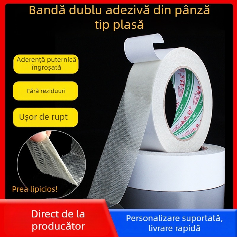Bandă dublu-adezivă pe bază de pânză, cu model grilă, adheziv puternic, fără reziduuri, ușor de rupt, pentru fixarea covoarelor