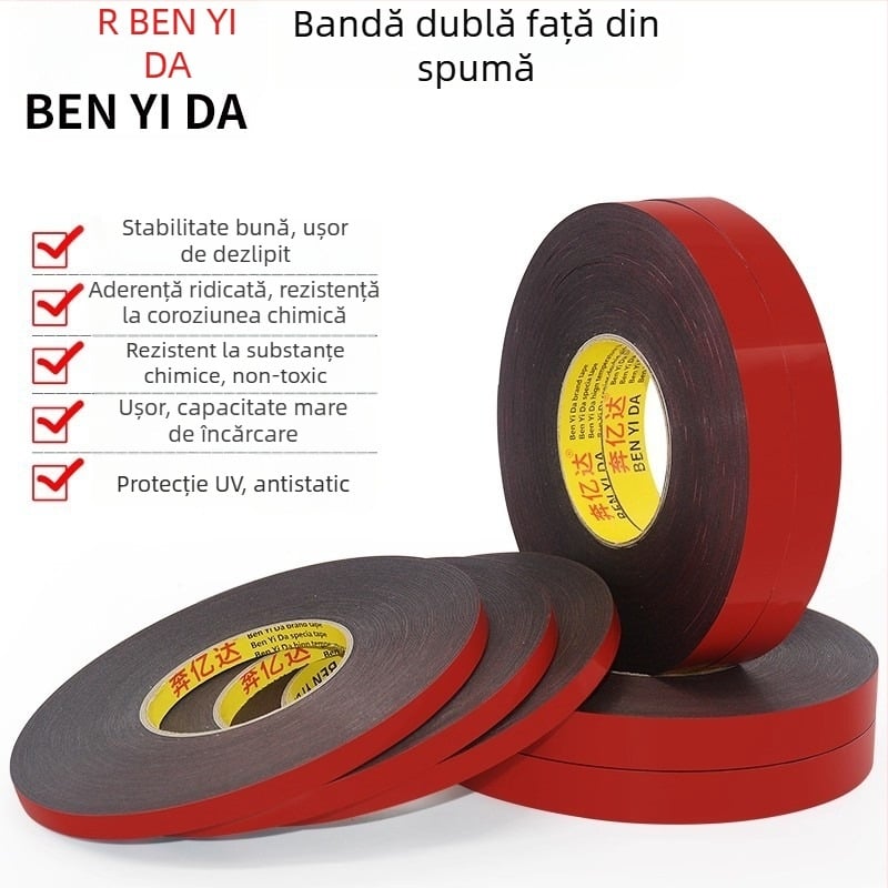 Bandă dublu-adezivă din spumă PE, industrială, 30 m, aderență puternică, rezistență la căldură