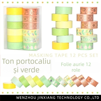 12 role de bandă Washi în nuanțe portocaliu-verde, cu folie auriu și argintiu, pentru decor DIY al jurnalului