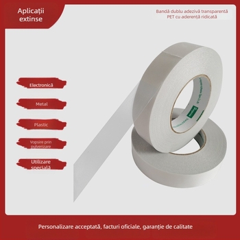 Bandă dublu-adezivă PET, cu vâscozitate mare, transparentă, impermeabilă și detașabilă