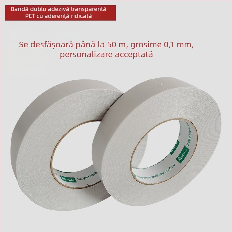 Bandă dublu-adezivă PET, cu vâscozitate mare, transparentă, impermeabilă și detașabilă