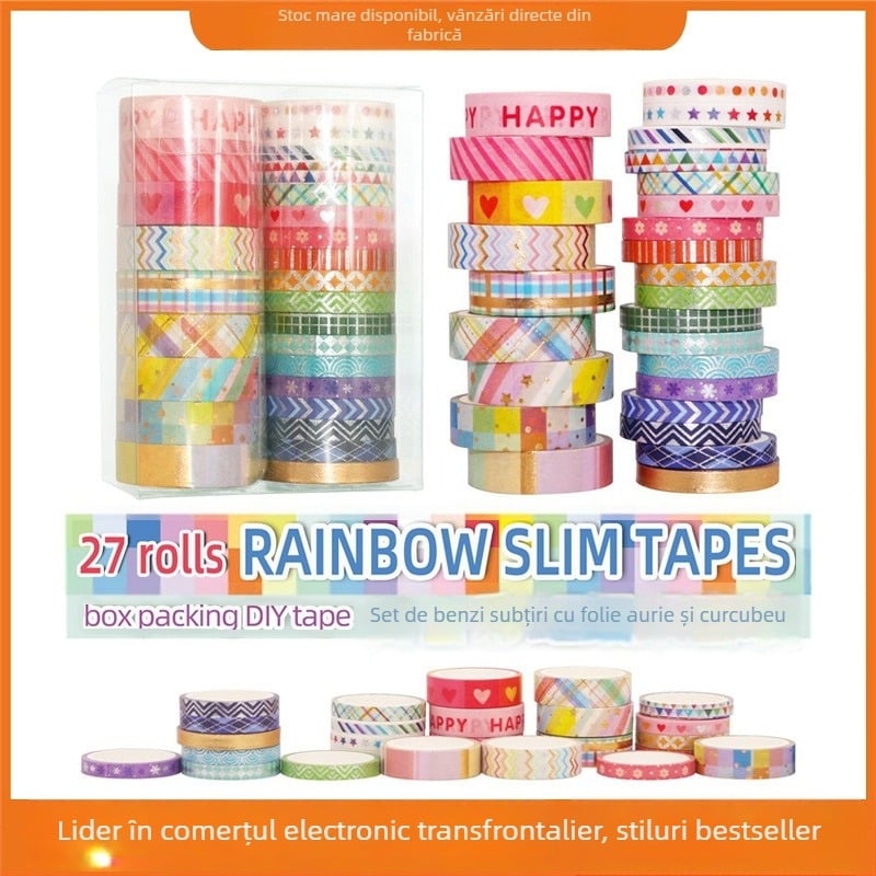 Set de benzi decorative pentru DIY, 27 role subțiri în nuanțe curcubeu, cu folie aurie pentru decorarea jurnalului