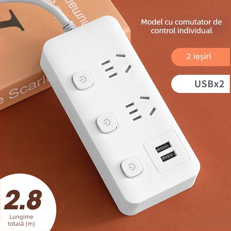 Prelungitor USB pentru birou cu mai multe prize și întrerupătoare individuale, priză inteligentă multifuncțională pentru casă și cămin