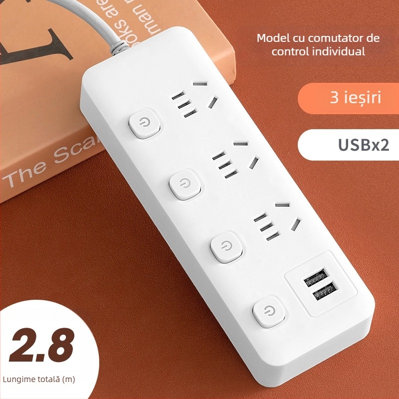 Prelungitor USB pentru birou cu mai multe prize și întrerupătoare individuale, priză inteligentă multifuncțională pentru casă și cămin