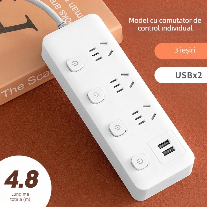 Prelungitor USB pentru birou cu mai multe prize și întrerupătoare individuale, priză inteligentă multifuncțională pentru casă și cămin