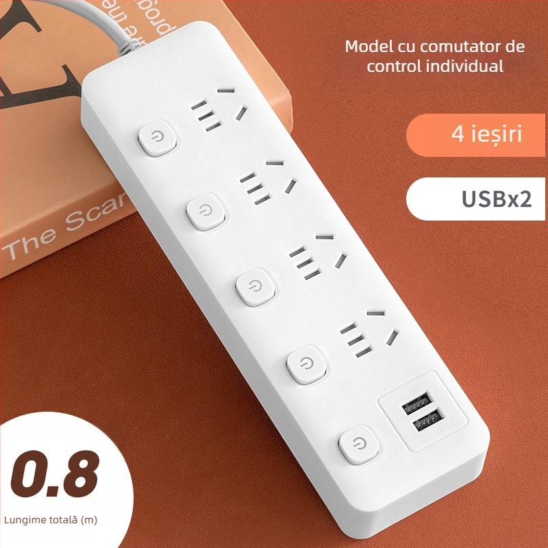 Prelungitor USB pentru birou cu mai multe prize și întrerupătoare individuale, priză inteligentă multifuncțională pentru casă și cămin
