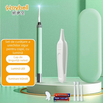 Haubert Set de curățare a urechilor pentru copii, cu iluminare, cu linguriță pentru urechi, pensetă și clips pentru nas