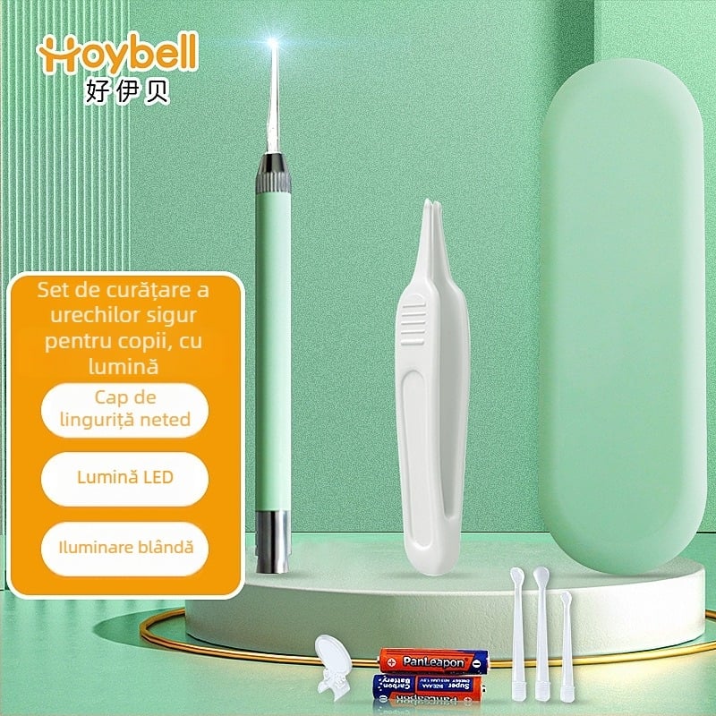 Haubert Set de curățare a urechilor pentru copii, cu iluminare, cu linguriță pentru urechi, pensetă și clips pentru nas