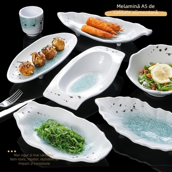 Farfurie din melamină cu aspect imitaţie de porţelan, pentru uz comercial – restaurante şi hoteluri, formă neobișnuită, rezistentă la cădere