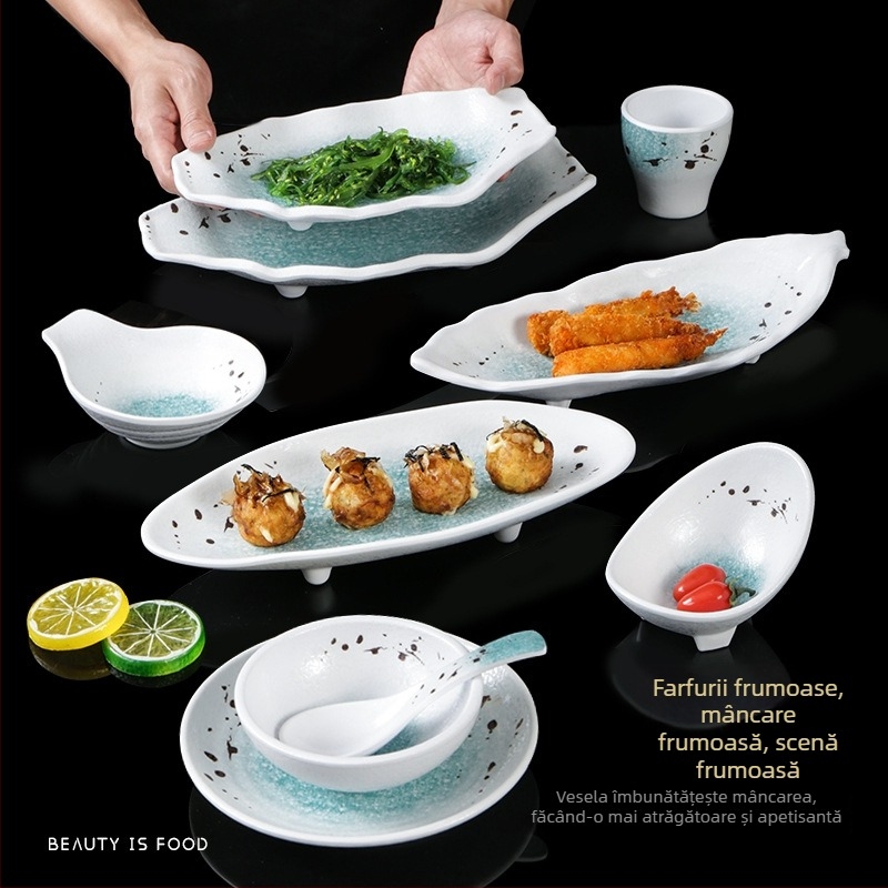 Farfurie din melamină cu aspect imitaţie de porţelan, pentru uz comercial – restaurante şi hoteluri, formă neobișnuită, rezistentă la cădere